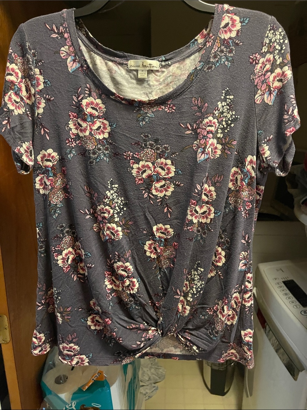 nine britton Navy Purple Floral Knot-Front Short Sleeve Top